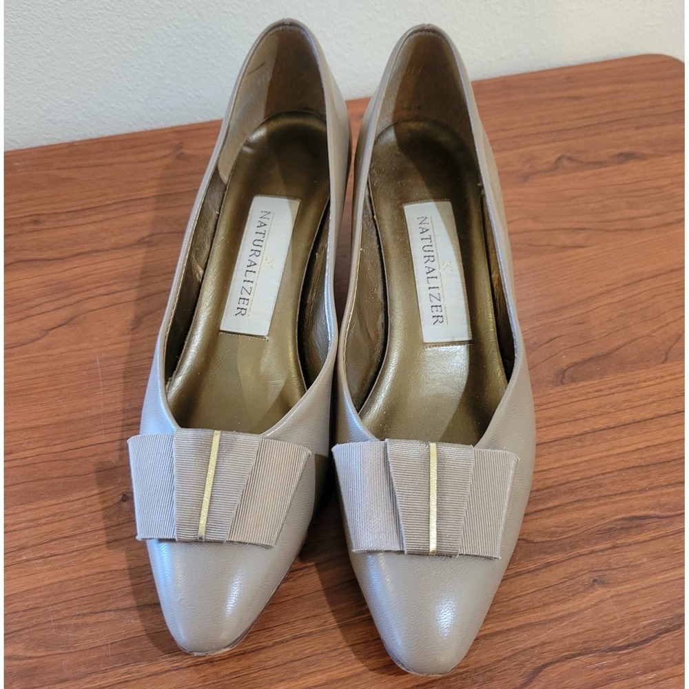 Naturalizer Womens Taupe Leather Kitten Heel‎ Pumps Bow Pointed Toe Shoes 7.5